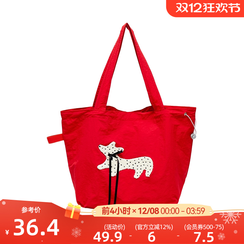 三福帆布包单肩包波点腊肠狗红色帆布袋可爱包包女2025新款845570