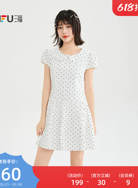 三福连衣裙2026夏季翻领宽松收腰散摆波点裙子女装523044