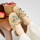 844213 都市慵懒波西米亚风串珠流苏勃肯女鞋 三福女凉拖鞋 秋季