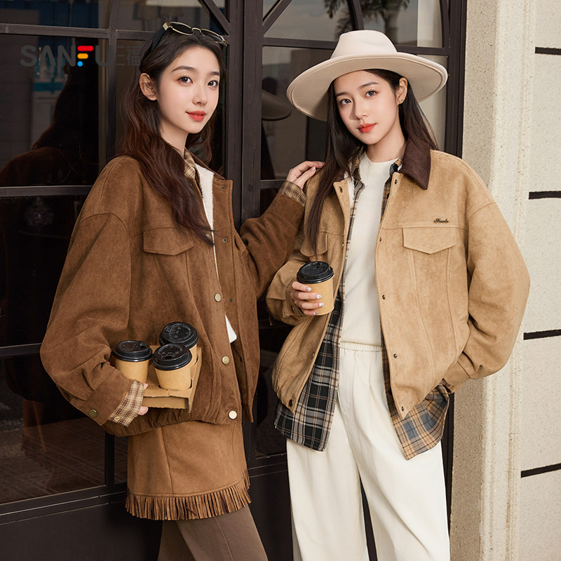 三福厚外套女2025新款冬季复古撞色灯芯绒翻领宽松夹克女装511877