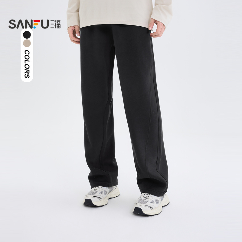 三福2025冬季新款休闲裤男纯色运动风加厚直筒宽松橡筋腰长裤裤子