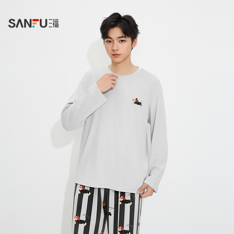 三福男冬季趣味小狗海岛绒家居服 简约风宽松睡衣套装男512594