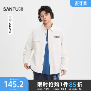 男长袖 蜡染英文刺绣衬衫 街潮宽松翻领衬衣516553 新款 三福2026春季