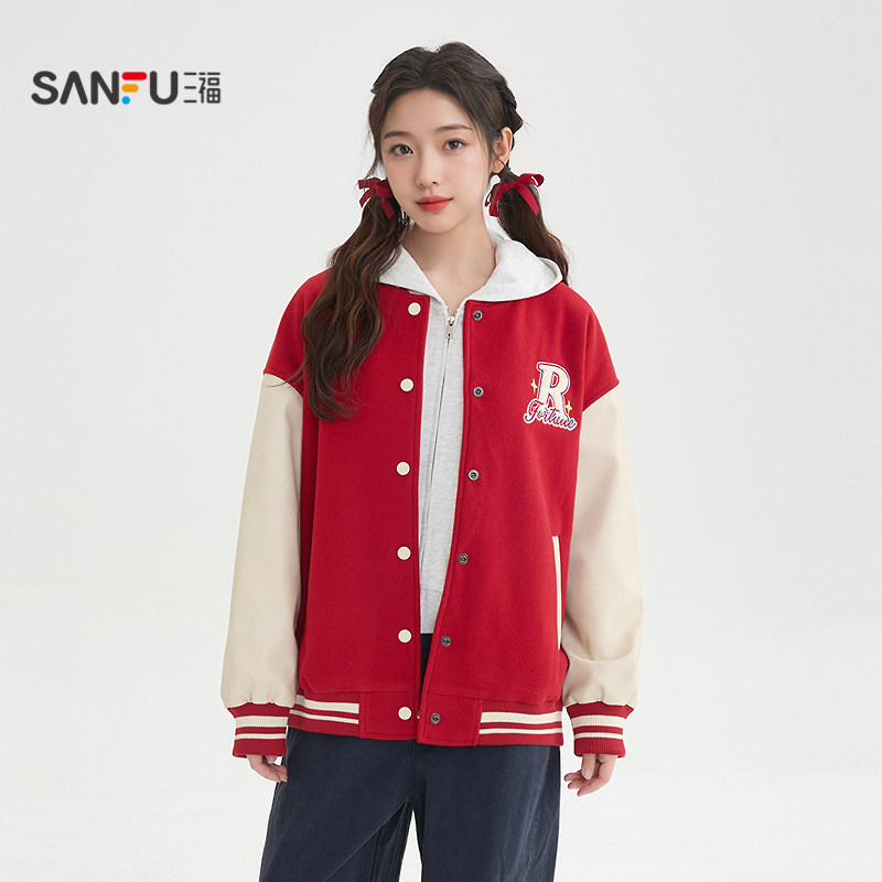 三福加厚外套2026新款春季宽松字母毛巾绣拼皮袖棒球服女装516188
