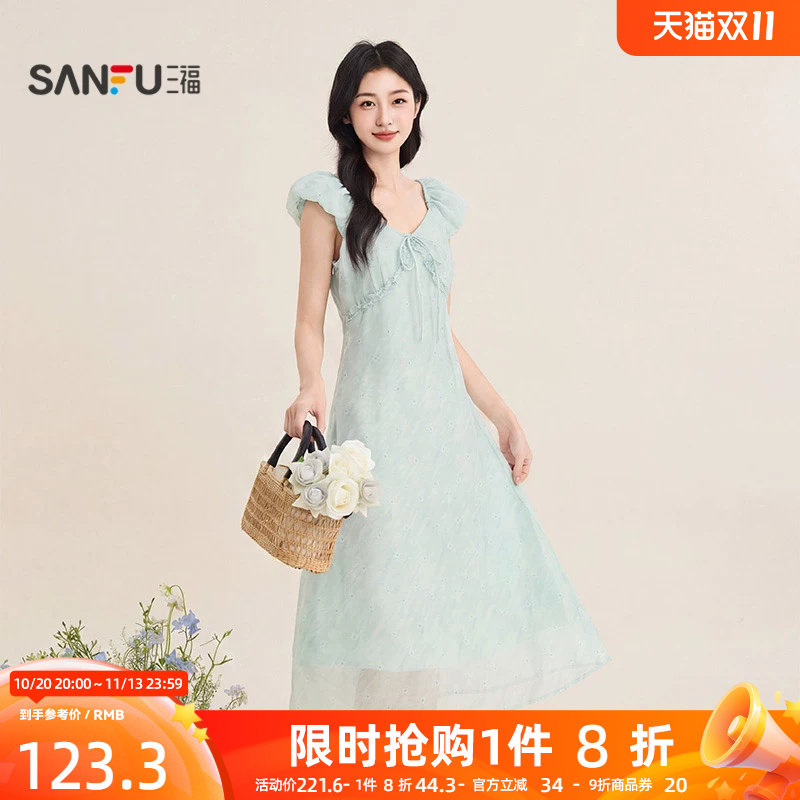 三福女连衣裙2026夏季新款胸前绑带木耳边V领收腰花苞袖裙女装
