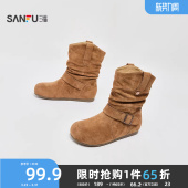 三福女中靴秋季 846810 都市游牧风双耳朵褶皱一字带堆堆靴女鞋