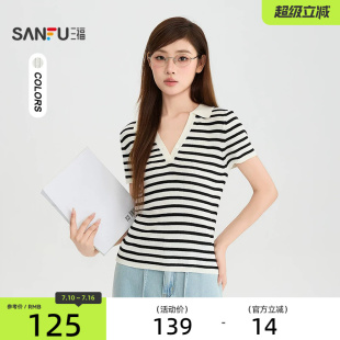 三福毛衫2026夏季小标装饰简约V字翻领合身上衣女装528740
