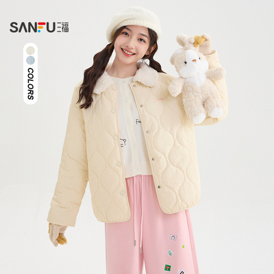 三福棉服女款2025冬季新款碎花翻边棉衣宽松保暖外套女装506273