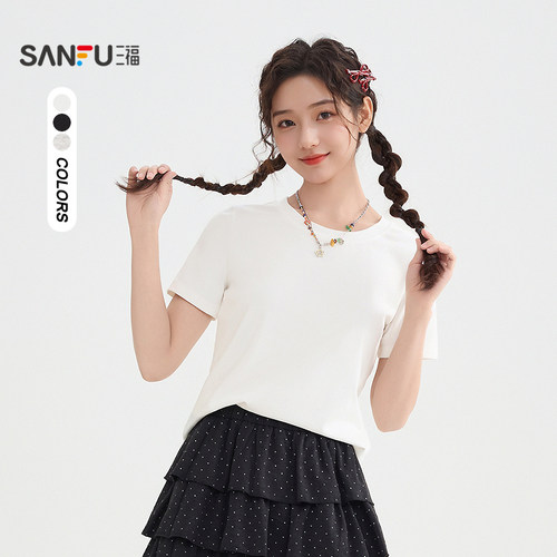 三福短袖T恤女2026新款夏季时尚休闲圆领简约纯色上衣女装519193