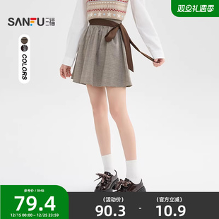 508915 撞色绑带宽松甜美格纹短裙子女装 三福半身裙女2025新款 冬季