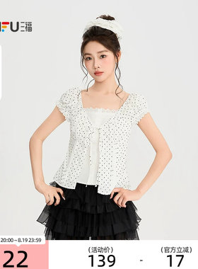 三福衬衫2026夏季蕾丝领口绑带波点假两件上衣女装526080