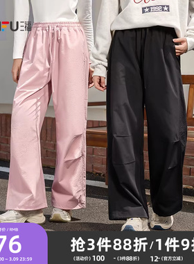三福工装裤2026新款夏季运动风宽松遮跨阔腿长裤休闲黑色裤子女装
