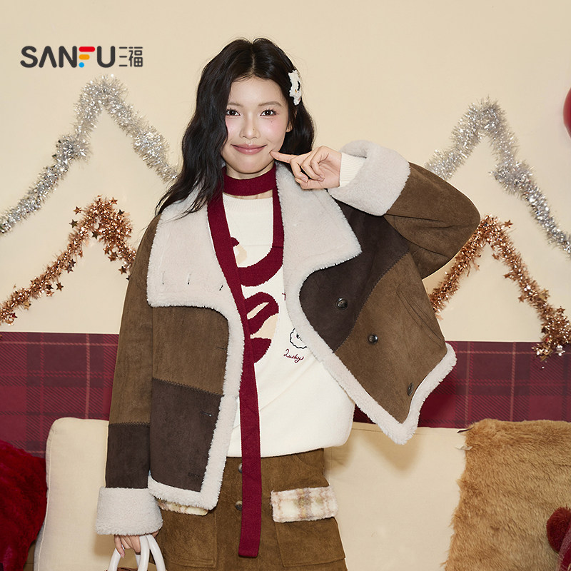 【明星同款】三福厚外套2025新款冬季复古皮毛一体上衣女装513992,女装/女士精品,短外套,淘宝优惠券,粉丝福利购,淘宝优惠卷