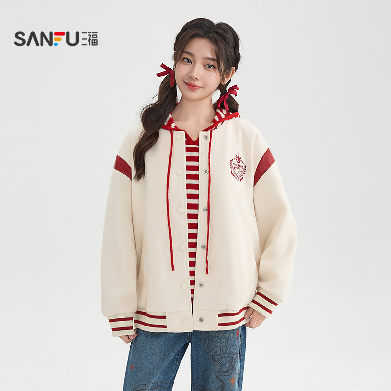 三福厚外套2026新款春季学院风刺绣宽松条纹罗纹棒球服女装516184,女装/女士精品,短外套,淘宝优惠券,粉丝福利购,淘宝优惠卷