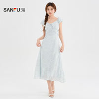 Sanfu Dress 2026 Summer Lace-up decorated V-neck Black Fungus Lace Cinched Waist Long Dress for Women, 527172 thumbnail 2