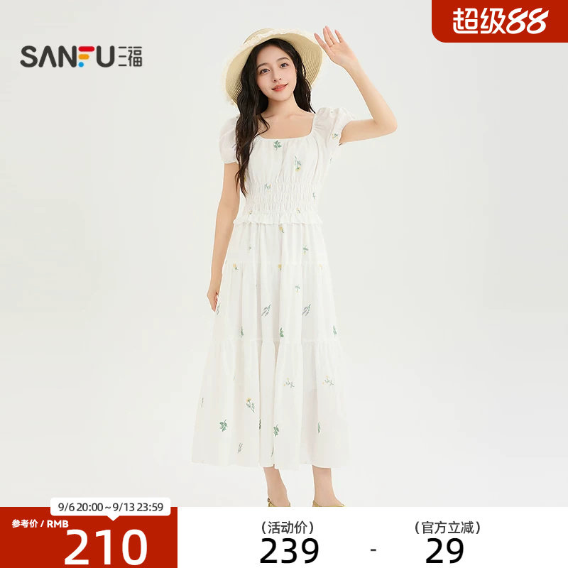 三福女连衣裙2026夏季气质法式碎花特别漂亮掐腰小裙子女装524154图片