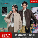 三福2025冬季 字母刺绣PU皮衣夹克复古宽松翻领加绒外套男506290