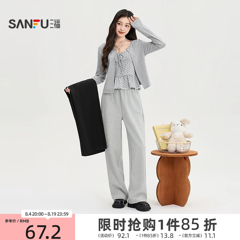 三福女休闲裤2026秋季新款直筒裤口袋抽绳松紧腰直筒长裤女装
