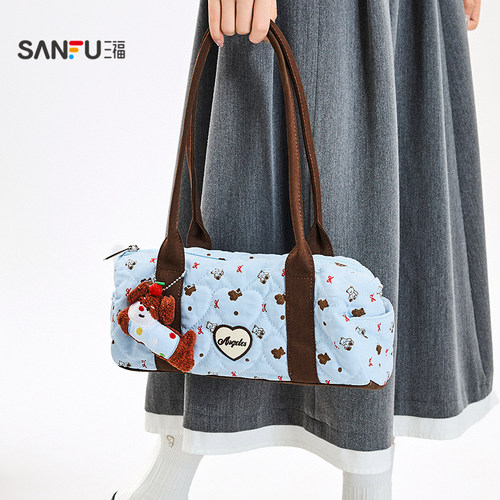 三福挎包秋季活力萌趣小狗挂件印花波士顿包腋下包女包507667