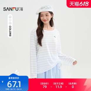 三福长袖T恤女2026新款夏季侧边抽绳刺绣圆领宽松上衣女装518525