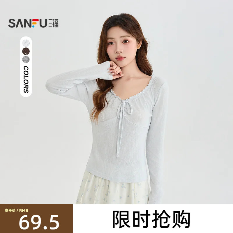 三福长T恤2026秋季绑带花边V领简约合身短款上衣女装530818