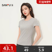 三福正肩收腰短袖 休闲简约柔软透气上衣女514869 修身 T恤 时尚