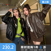 复古宽松翻领黑色外套女装 时尚 846474 春季 三福皮衣夹克2026新款