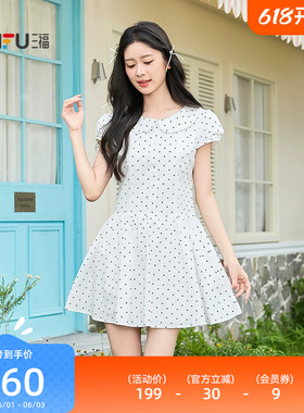 三福连衣裙2026夏季翻领宽松收腰散摆波点裙子女装523044