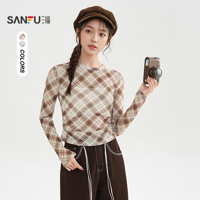三福长袖T恤2025新款秋季褶皱收腰设计感菱格罩衫上衣女装510248