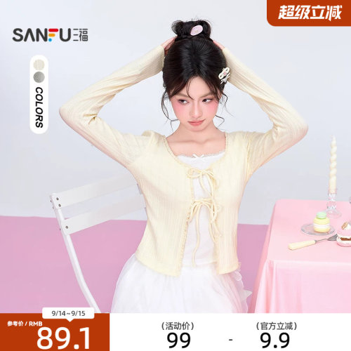 三福长T恤2026秋季绑带假两件蕾丝花边领口上衣女装529708