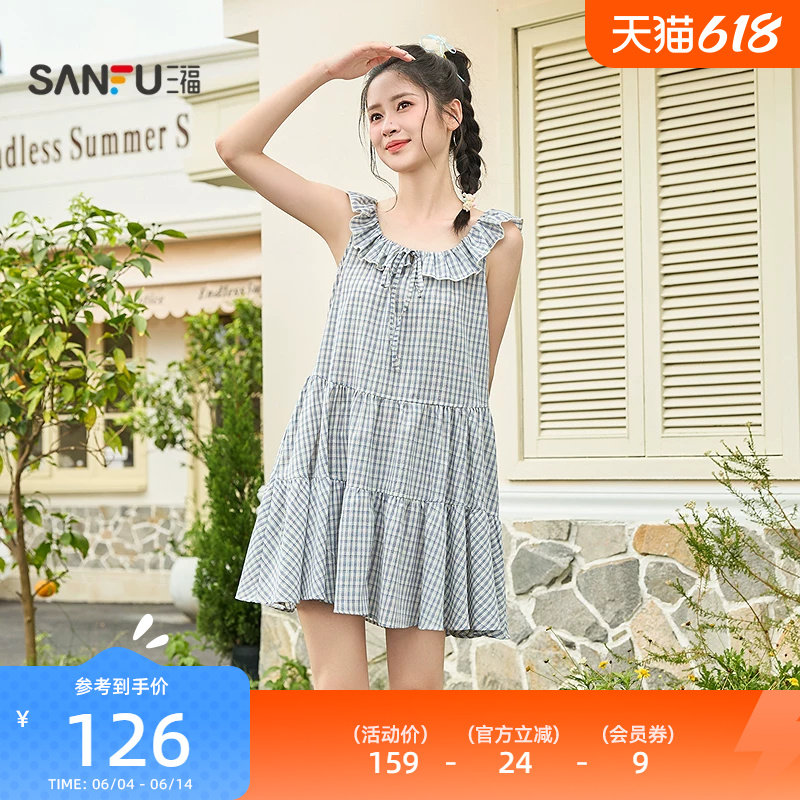 三福连衣裙2026新款夏季少女格纹绑带方领小飞袖娃娃裙女装521274
