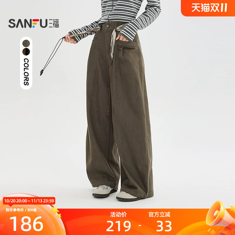 三福休闲裤2026冬季含装饰腰带宽松弯刀裤脚长裤女装532359