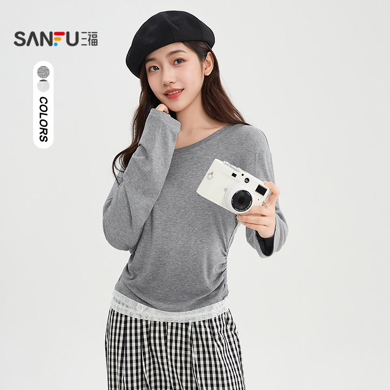 三福长袖T恤2025新款秋季拼接蕾丝摆褶皱收腰斜肩上衣女装504828,女装/女士精品,T恤,淘宝优惠券,粉丝福利购,淘宝优惠卷