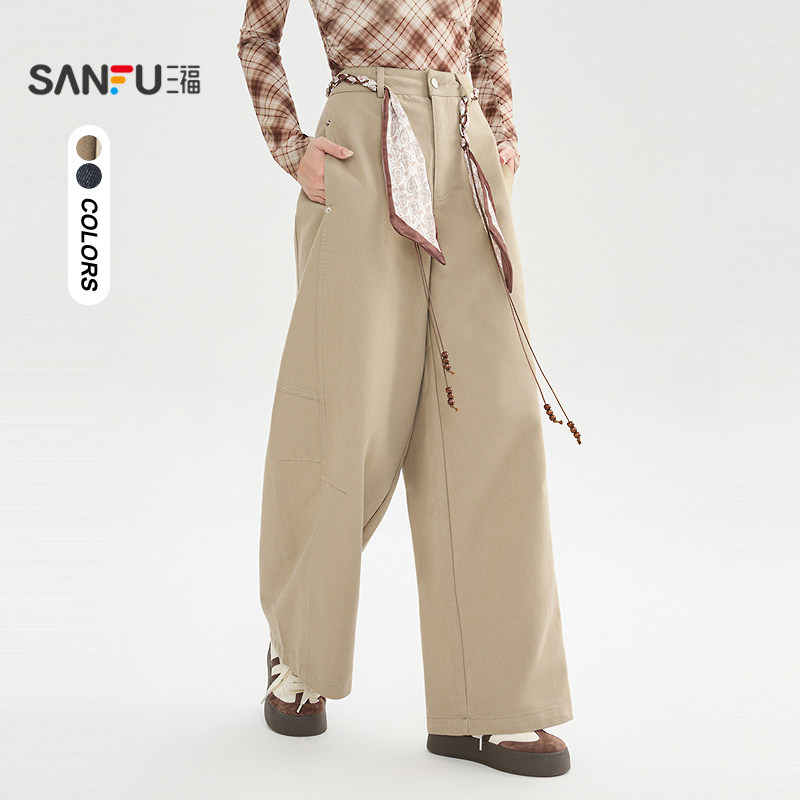 三福休闲裤女2026新款冬季时尚宽松弯刀裤卡其色长裤子女装511699