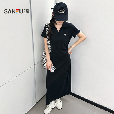 三福连衣裙女2025新款夏季气质褶皱收腰显瘦翻领长裙子女装499630