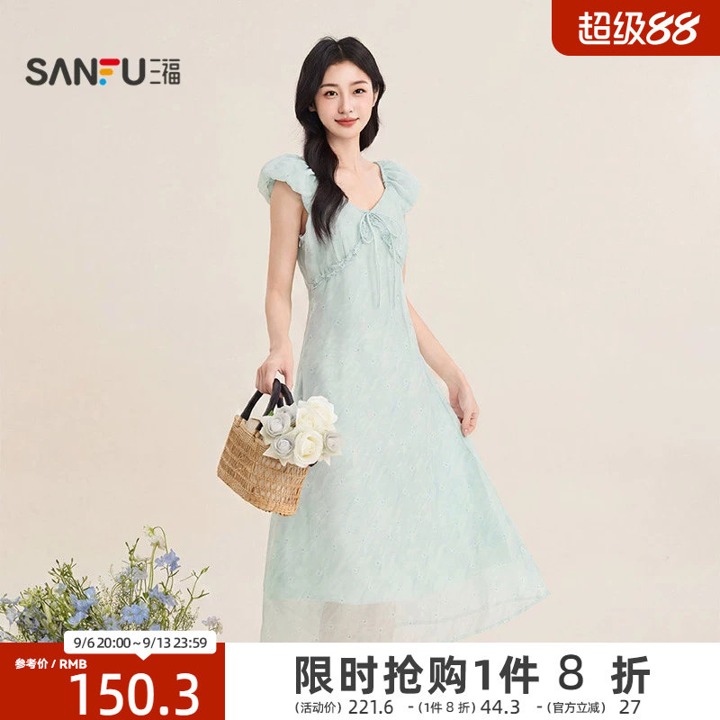 三福女连衣裙2026夏季新款胸前绑带木耳边V领收腰花苞袖裙女装图片