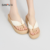 841911 轻法假日度假风增高坡跟夹脚编织女鞋 三福凉拖鞋 女夏季