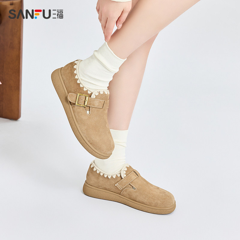 三福勃肯鞋女春季山系户外森系花边纯色套口乐福鞋女鞋838519