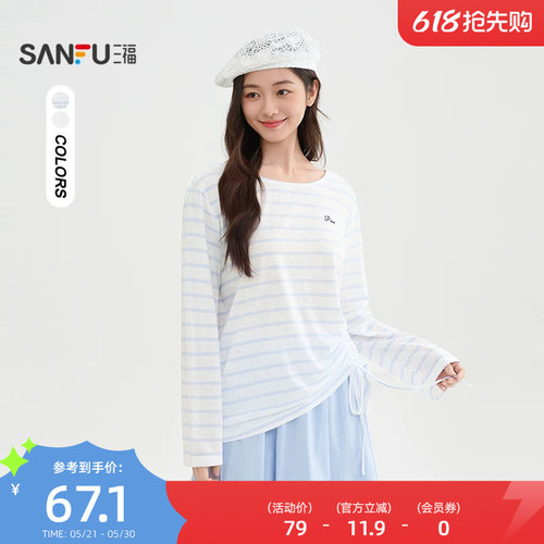 三福长袖T恤女2026新款夏季侧边抽绳刺绣圆领宽松上衣女装518525