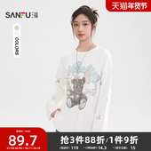 三福长袖 513760 街潮小熊印花宽松圆领上衣女装 T恤女2026新款 春季