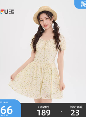 三福连衣裙2026夏季泡泡袖绑带碎花收腰清新裙子女装522021