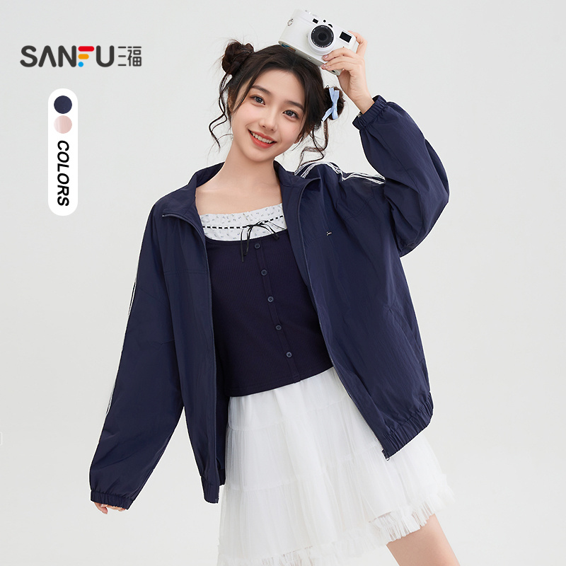 #三福单外套2025秋季小标装饰杠条蕾丝宽松翻领上衣女装507601