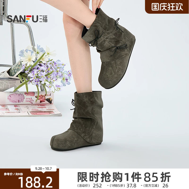 三福女靴鞋复古废土风蝴蝶结圆头勃肯鞋时尚休闲女鞋863215
