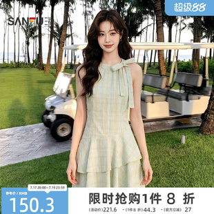 三福女装连衣裙2026夏季新款不规则下摆蝴蝶结绑带领口裙子女装