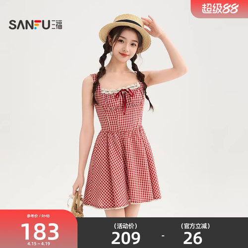 三福连衣裙女2026新款夏季绑带蕾丝格子收腰吊带短裙子女装854902