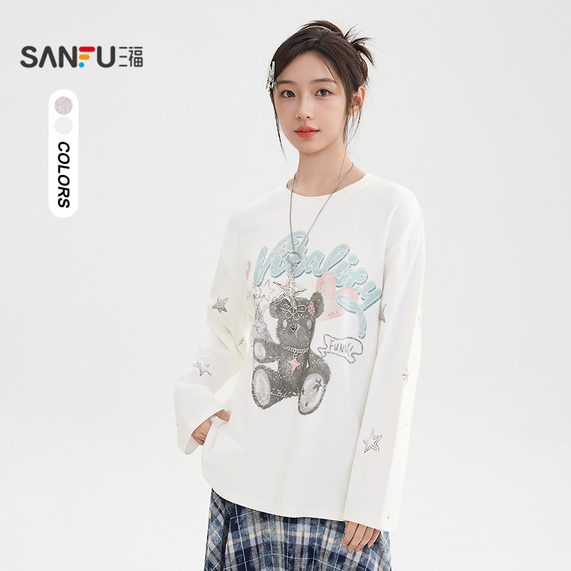 三福长T恤2025冬季街潮星星小熊印花宽松圆领上衣女装513760