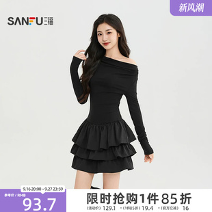 三福女连衣裙2026秋季新款气质收腰A摆蛋糕半裙时尚短款裙子女装