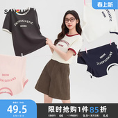 上衣女装 三福短袖 简约撞色圆领英文印花短款 夏夏季 T恤女2026新款