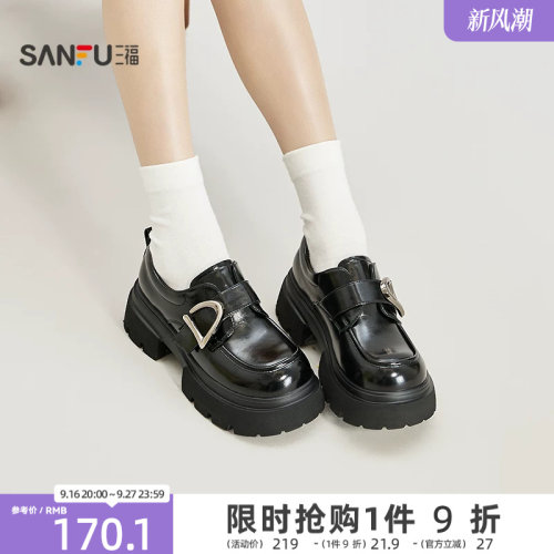 三福女乐福鞋失序学院复古风一字带扣件厚底女鞋852188