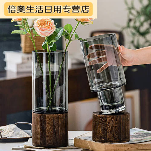 舒乔鹿木墩玻璃花瓶透明直筒客厅餐厅干假水养插花摆件欧式水培带